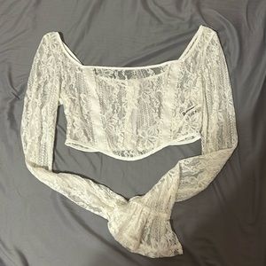 Zip Up backless flounce sleeve crop lace top